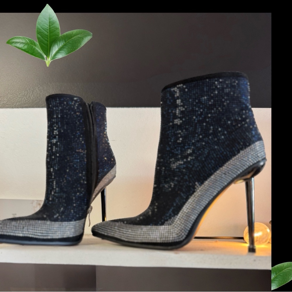 Size 9, Azalea Wang Black and Silver Heeled Boots with Stiletto Heel